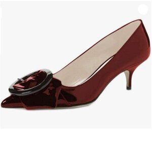 YDN Women's Elegance Low Kitten Heel Pumps Pointy Toe Slip On Patent Buckle Red